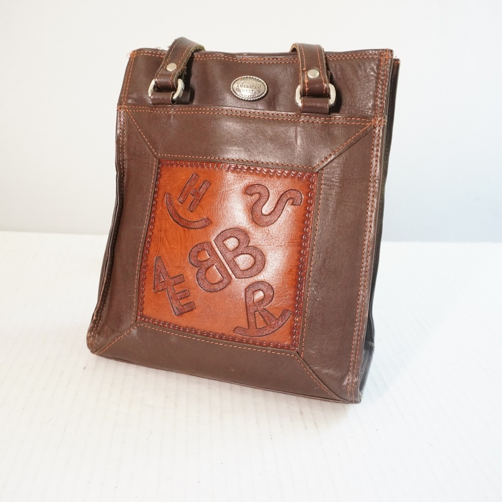 American West Brown Leather Branded Patchwork Tote Bag Western Southwestrn Style